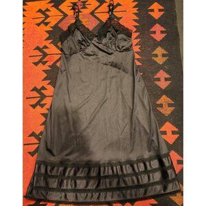 Black Satin Slip Dress Lace Trim & Adjustable Straps Size 38/ Medium